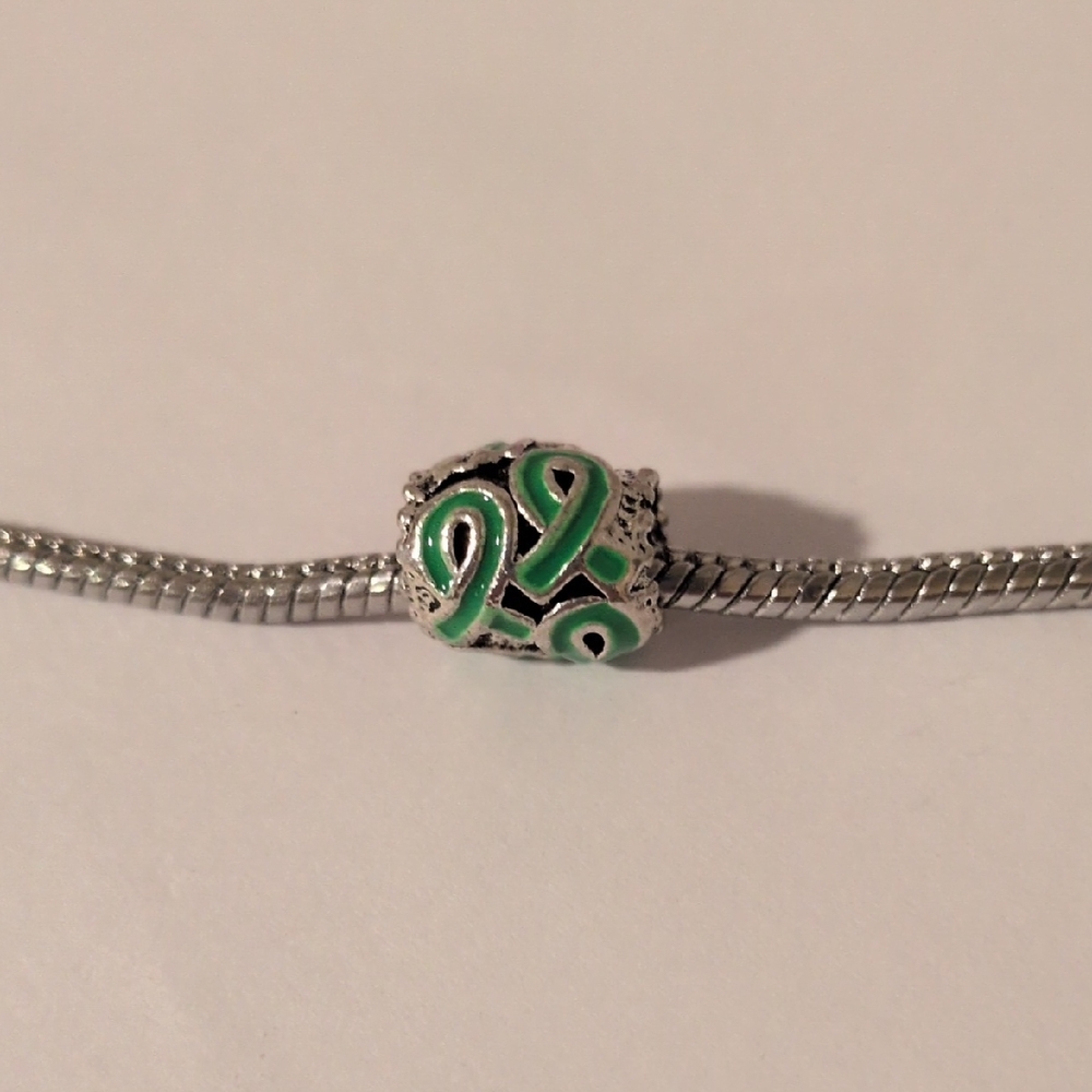 Silver and Green Ribbon‎ Cancer Awareness Charm for Pandora Style Bracelet